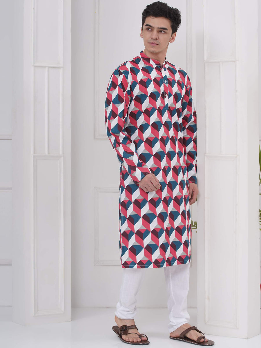 Mens Readymade Cotton Popline Print Kurta And Pyjama Set