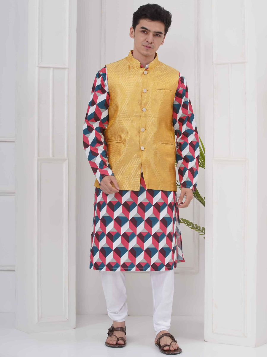 Mens Readymade Cotton Popline Print Kurta And Pyjama with Nehru Jacket