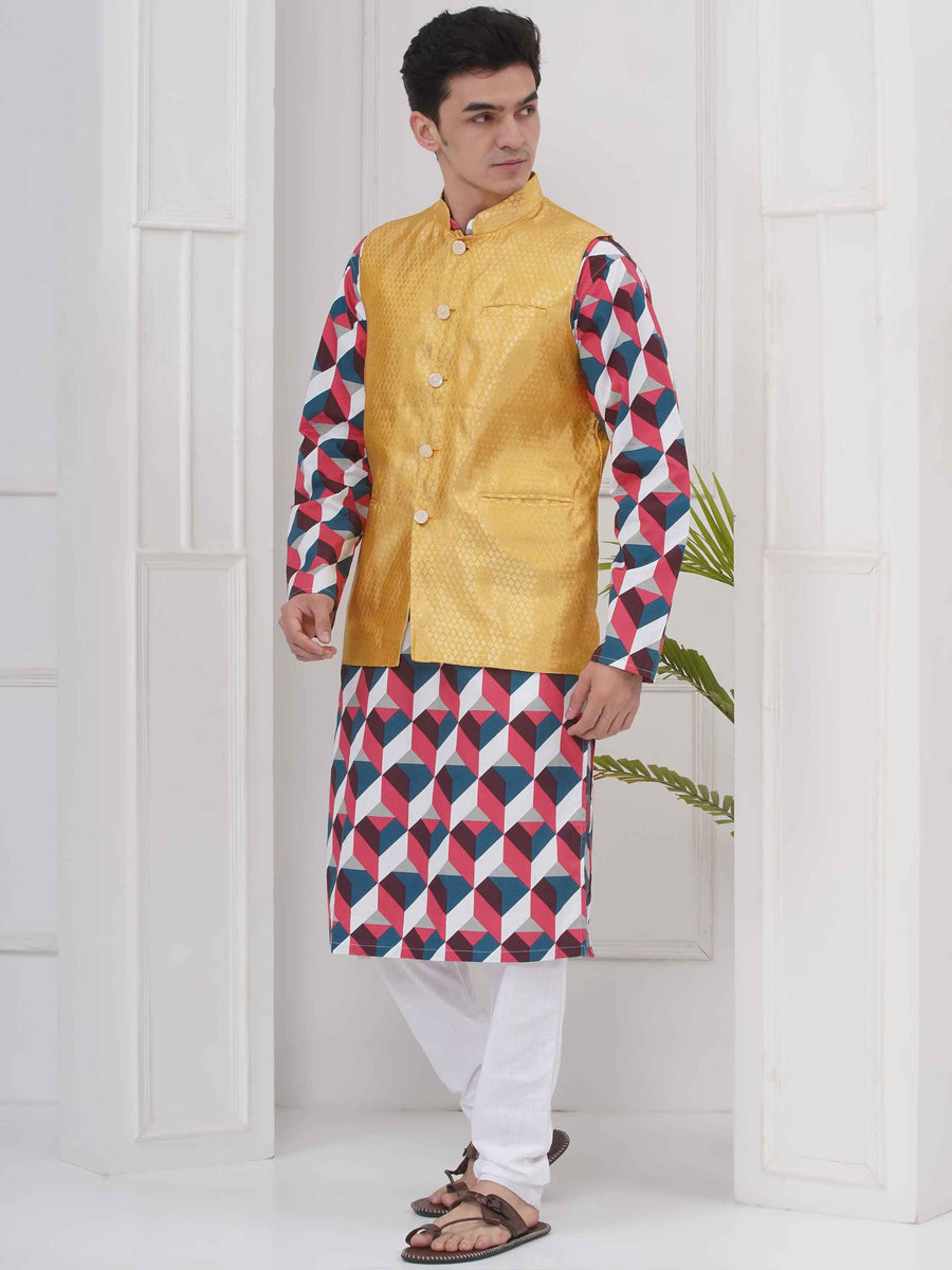 Mens Readymade Cotton Popline Print Kurta And Pyjama with Nehru Jacket