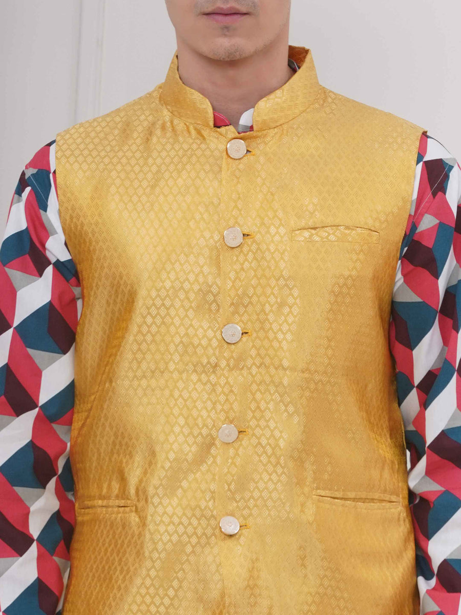 Mens Readymade Cotton Popline Print Kurta And Pyjama with Nehru Jacket