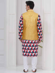 Mens Readymade Cotton Popline Print Kurta And Pyjama with Nehru Jacket
