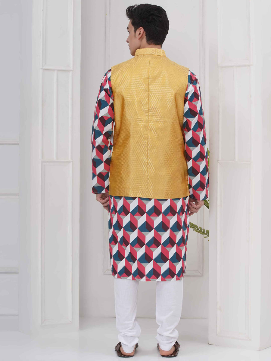 Mens Readymade Cotton Popline Print Kurta And Pyjama with Nehru Jacket