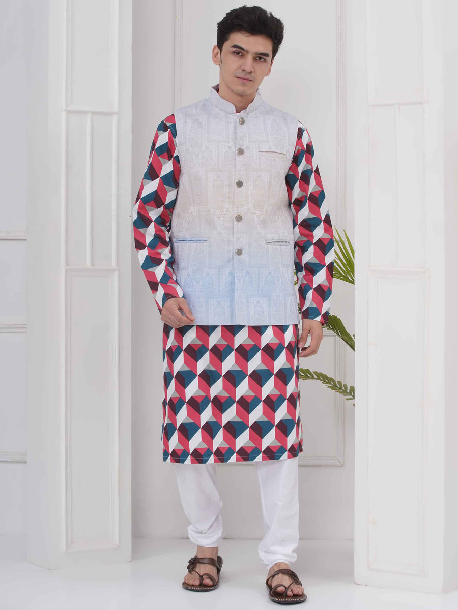 Mens Readymade Cotton Popline Print Kurta And Pyjama with Nehru Jacket
