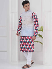 Mens Readymade Cotton Popline Print Kurta And Pyjama with Nehru Jacket
