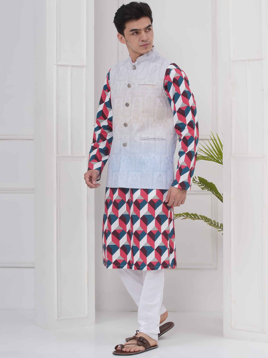 Mens Readymade Cotton Popline Print Kurta And Pyjama with Nehru Jacket