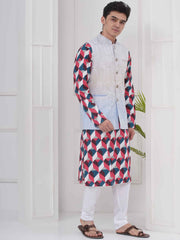 Mens Readymade Cotton Popline Print Kurta And Pyjama with Nehru Jacket