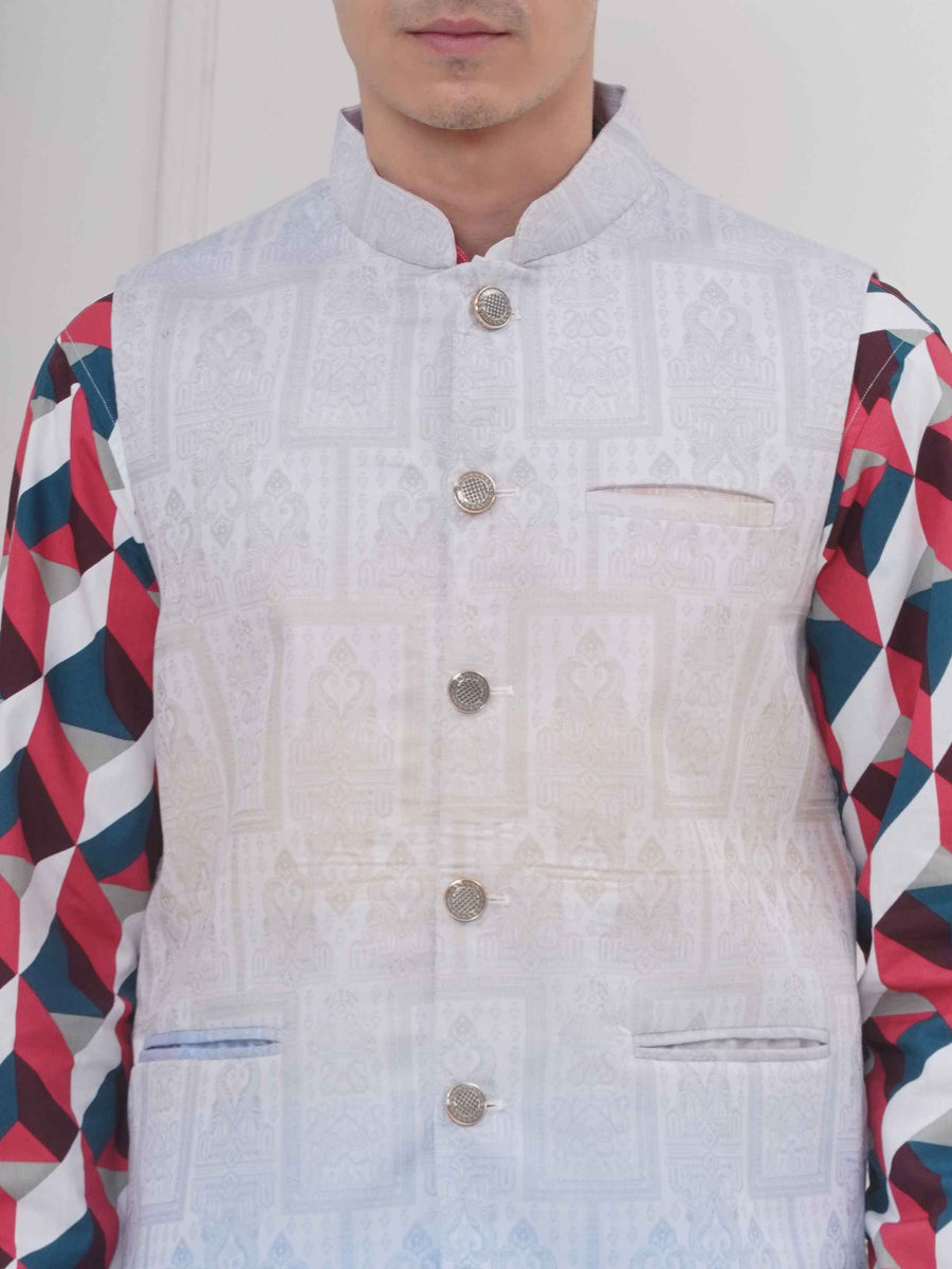 Mens Readymade Cotton Popline Print Kurta And Pyjama with Nehru Jacket