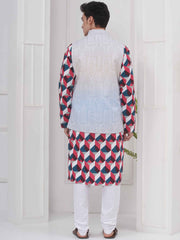 Mens Readymade Cotton Popline Print Kurta And Pyjama with Nehru Jacket