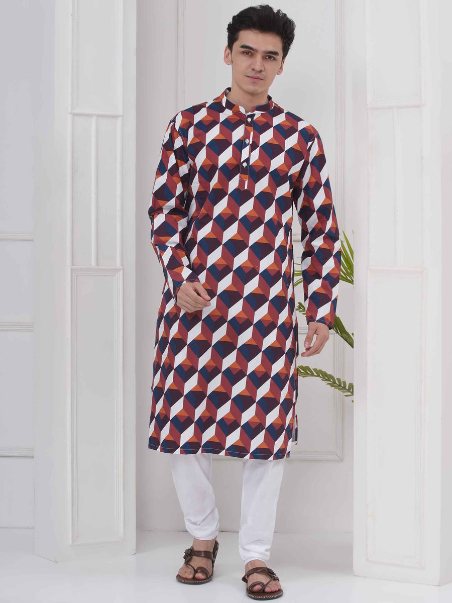 Mens Readymade Cotton Popline Print Kurta And Pyjama with Nehru Jacket
