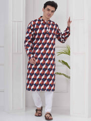 Mens Readymade Cotton Popline Print Kurta And Pyjama with Nehru Jacket
