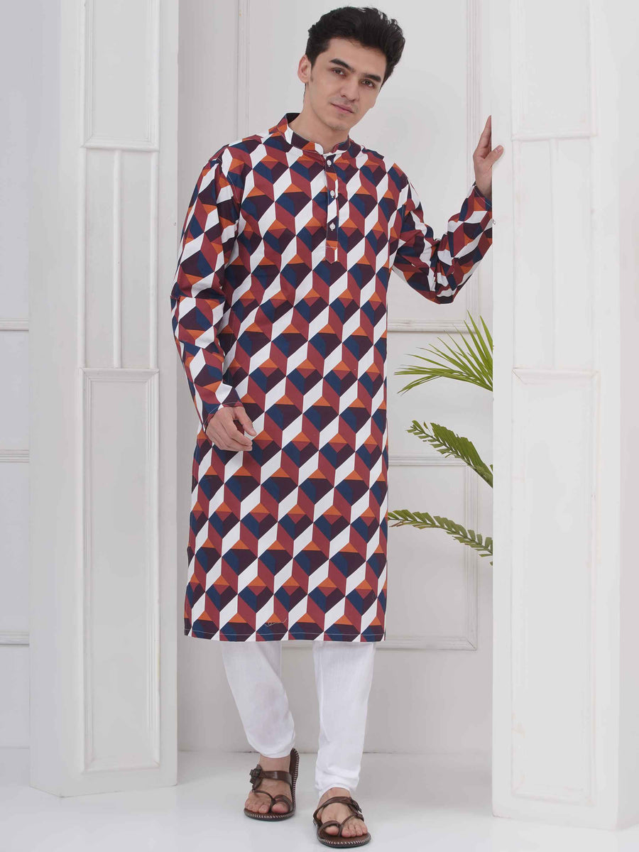 Mens Readymade Cotton Popline Print Kurta And Pyjama with Nehru Jacket
