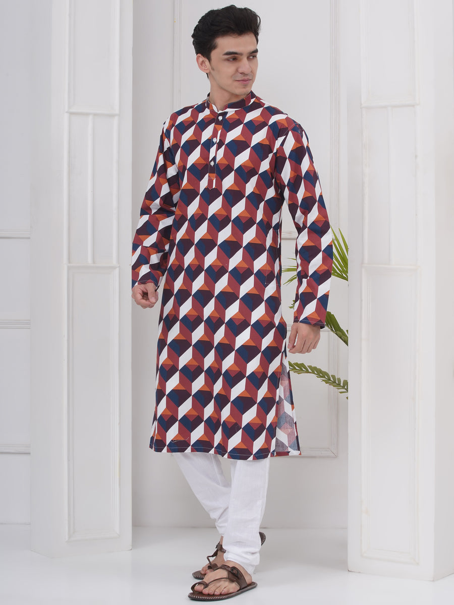 Mens Readymade Cotton Popline Print Kurta And Pyjama Set