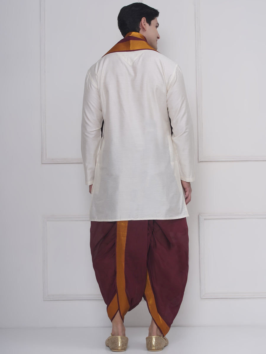 Mens Silk Cotton Kurta DhotiPant And Angavastram Set