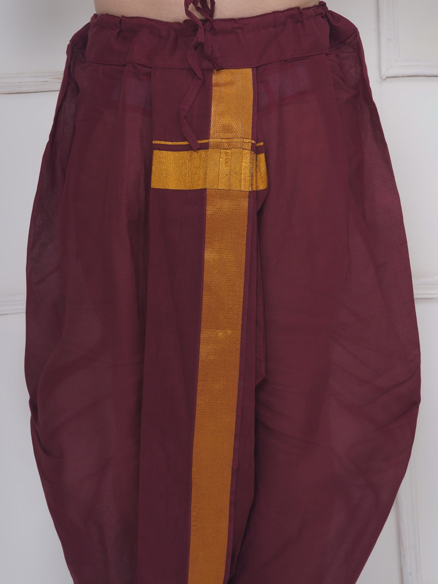 Men Beige Silk Cotton Kurta DhotiPant And Angavastram Set