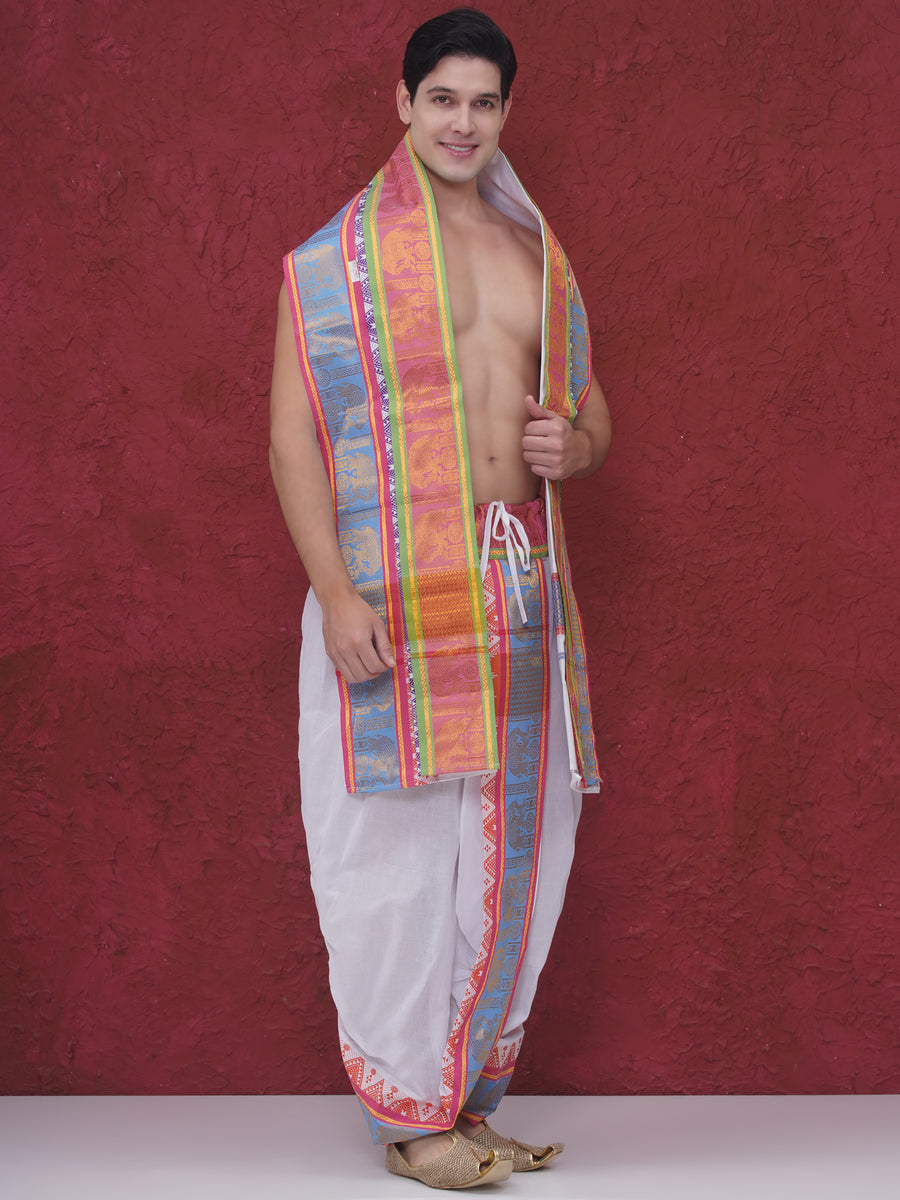 Men White Cotton self Design Jacquard Border DhotiPant And Angavastram Set