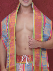 Men White Cotton self Design Jacquard Border DhotiPant And Angavastram Set