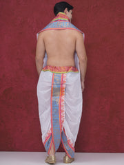 Men White Cotton self Design Jacquard Border DhotiPant And Angavastram Set