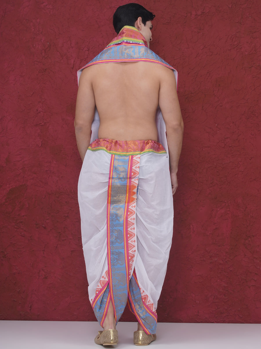Men White Cotton self Design Jacquard Border DhotiPant And Angavastram Set