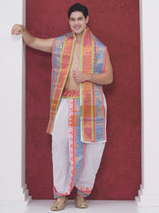 Men White Cotton self Design Jacquard Border DhotiPant And Angavastram Set