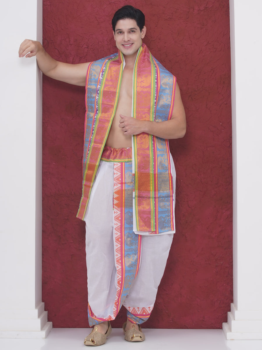Men White Cotton self Design Jacquard Border DhotiPant And Angavastram Set