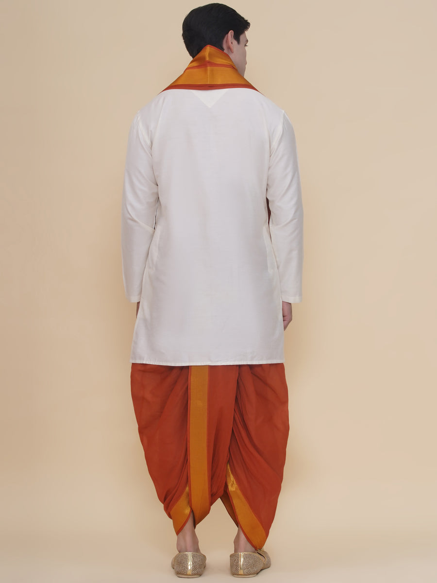 Mens Silk Cotton Kurta DhotiPant And Angavastram Set