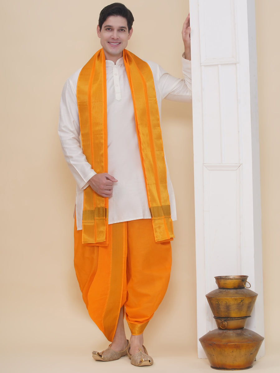 Mens Silk Cotton Kurta DhotiPant And Angavastram Set