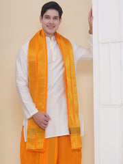 Mens Silk Cotton Kurta DhotiPant And Angavastram Set