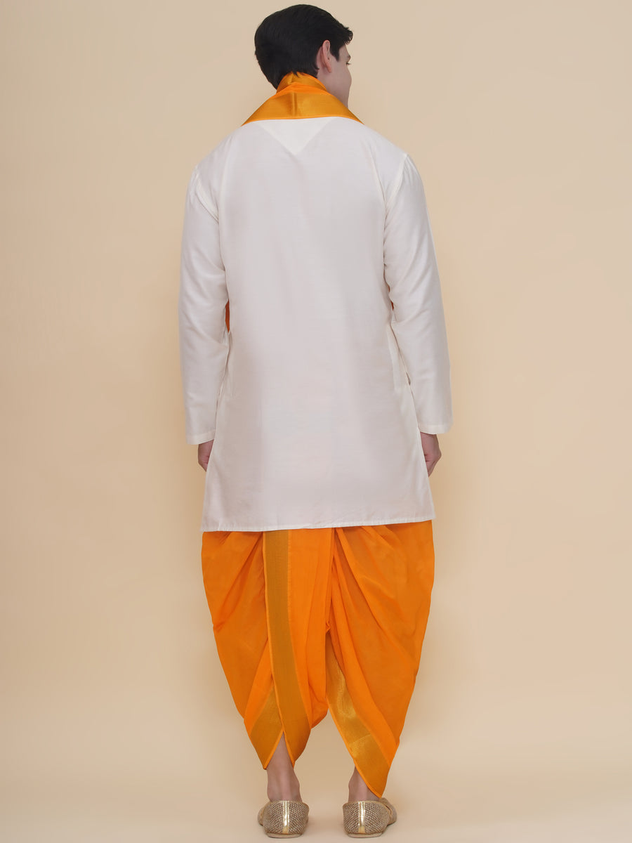 Mens Silk Cotton Kurta DhotiPant And Angavastram Set