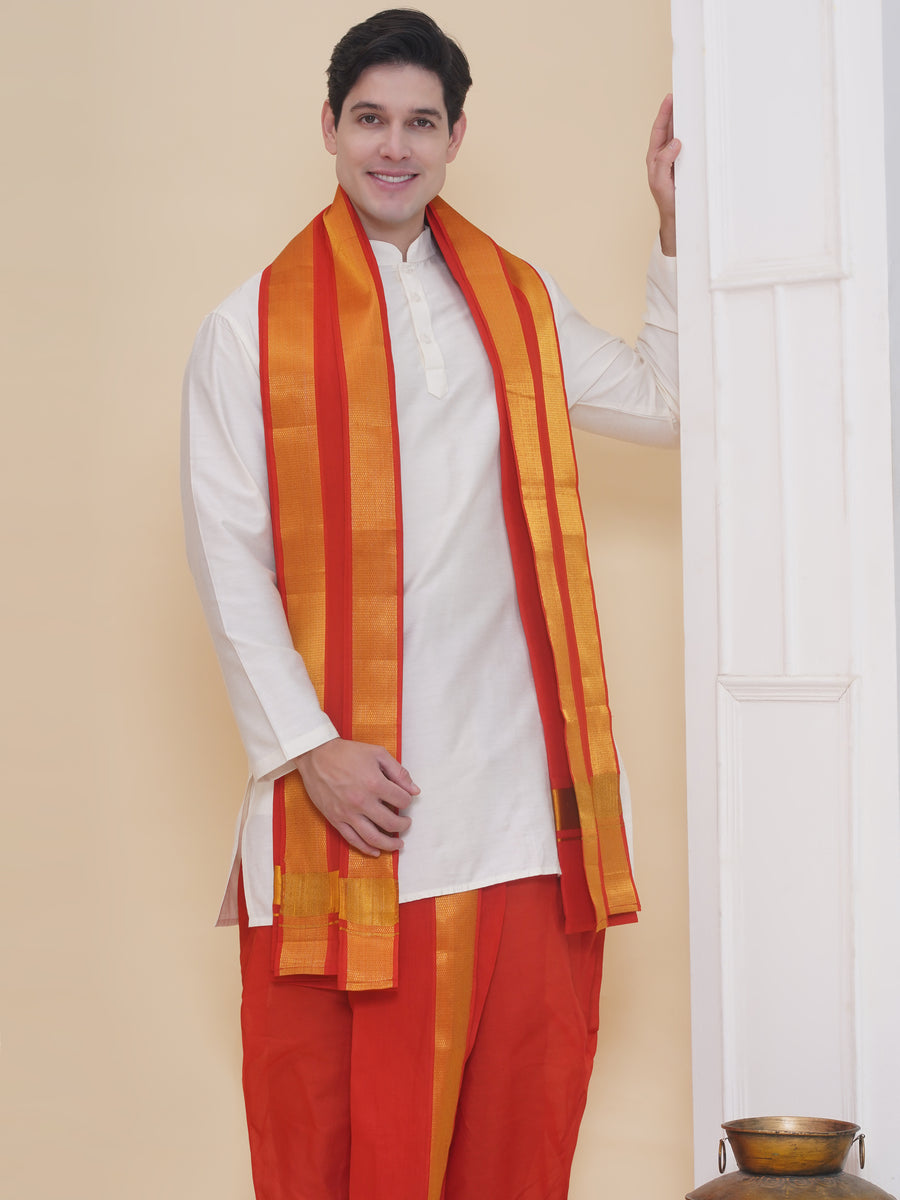 Mens Silk Cotton Kurta DhotiPant And Angavastram Set