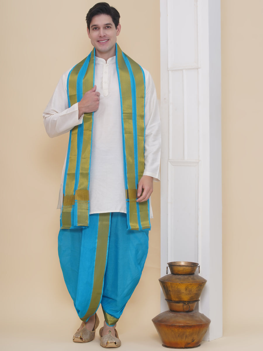 Mens Silk Cotton Kurta DhotiPant And Angavastram Set