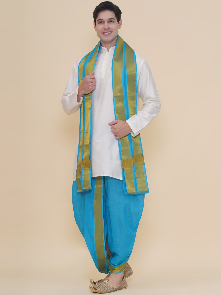 Mens Silk Cotton Kurta DhotiPant And Angavastram Set
