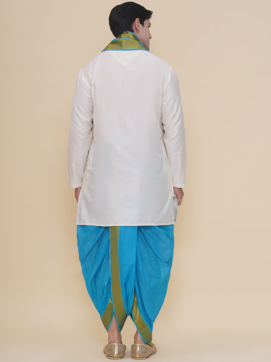 Mens Silk Cotton Kurta DhotiPant And Angavastram Set