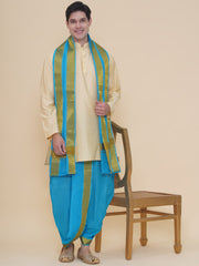 Men Beige Silk Cotton Kurta DhotiPant And Angavastram Set