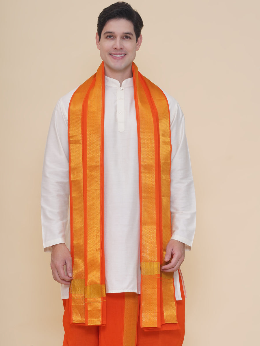 Mens Silk Cotton Kurta DhotiPant And Angavastram Set
