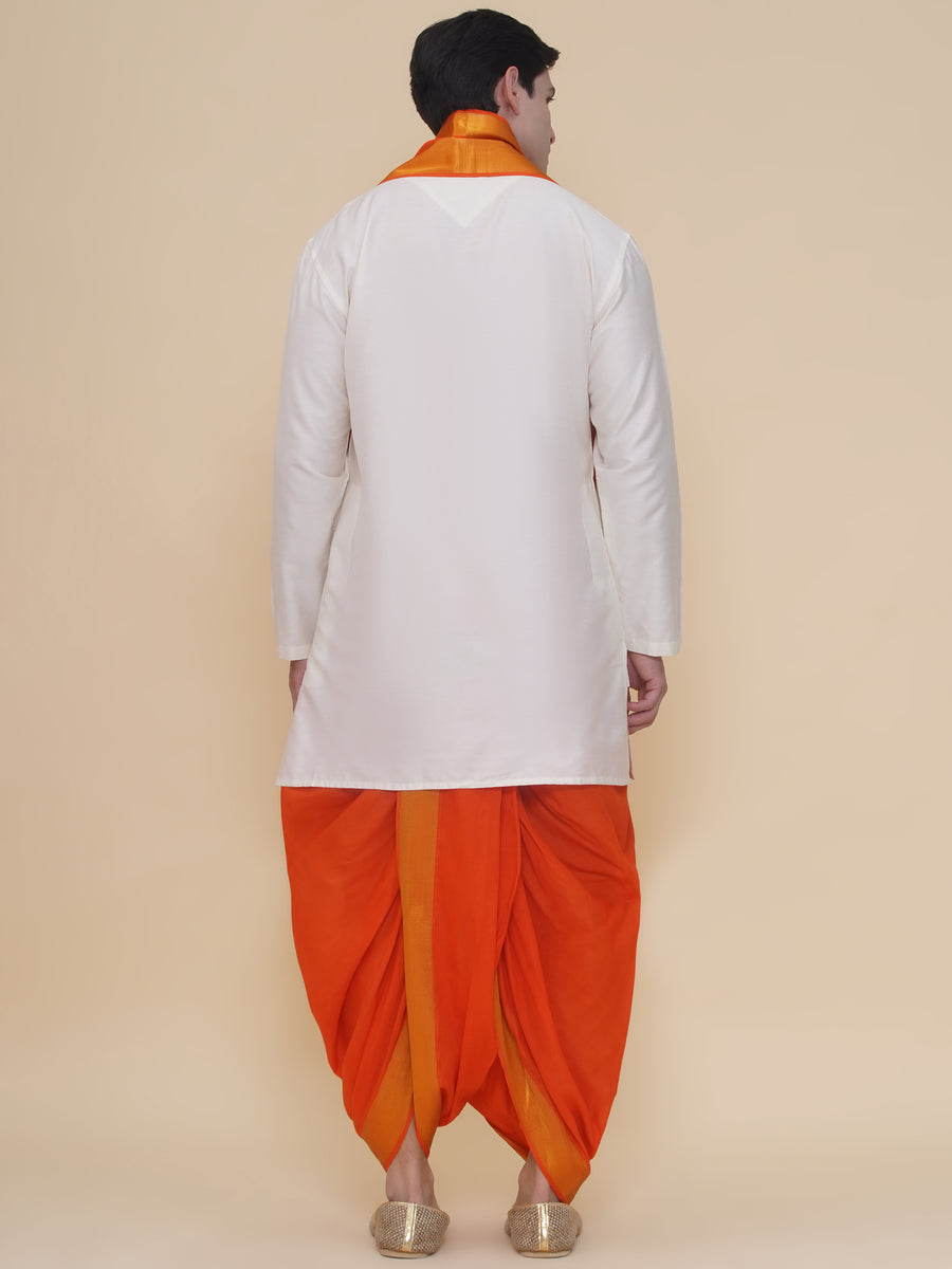 Mens Silk Cotton Kurta DhotiPant And Angavastram Set