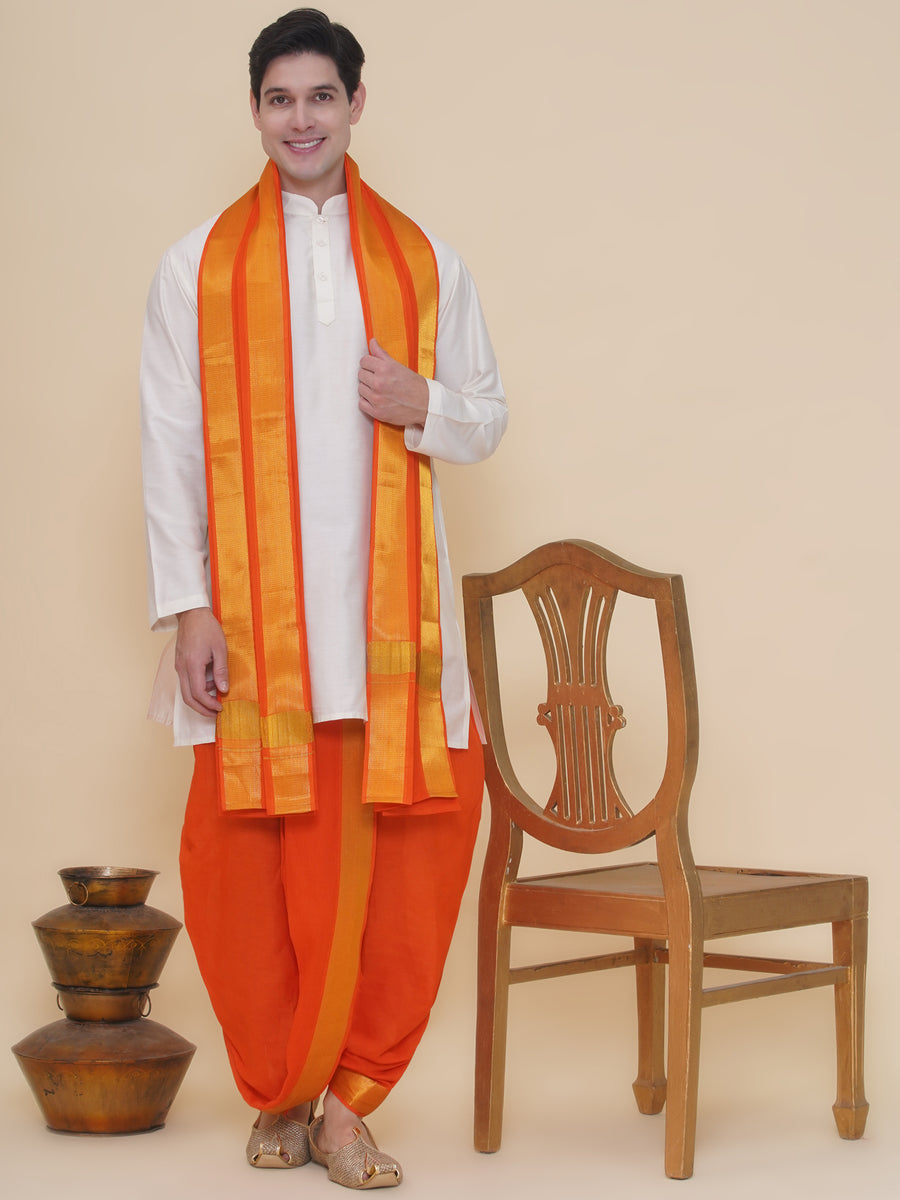 Mens Silk Cotton Kurta DhotiPant And Angavastram Set