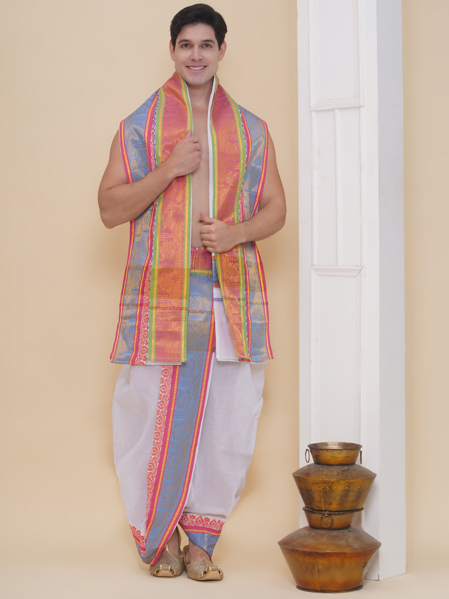 Men White Cotton self Design Jacquard Border DhotiPant And Angavastram Set