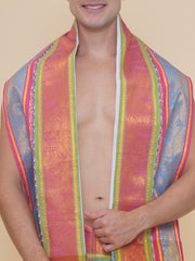 Men White Cotton self Design Jacquard Border DhotiPant And Angavastram Set