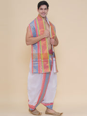 Men White Cotton self Design Jacquard Border DhotiPant And Angavastram Set