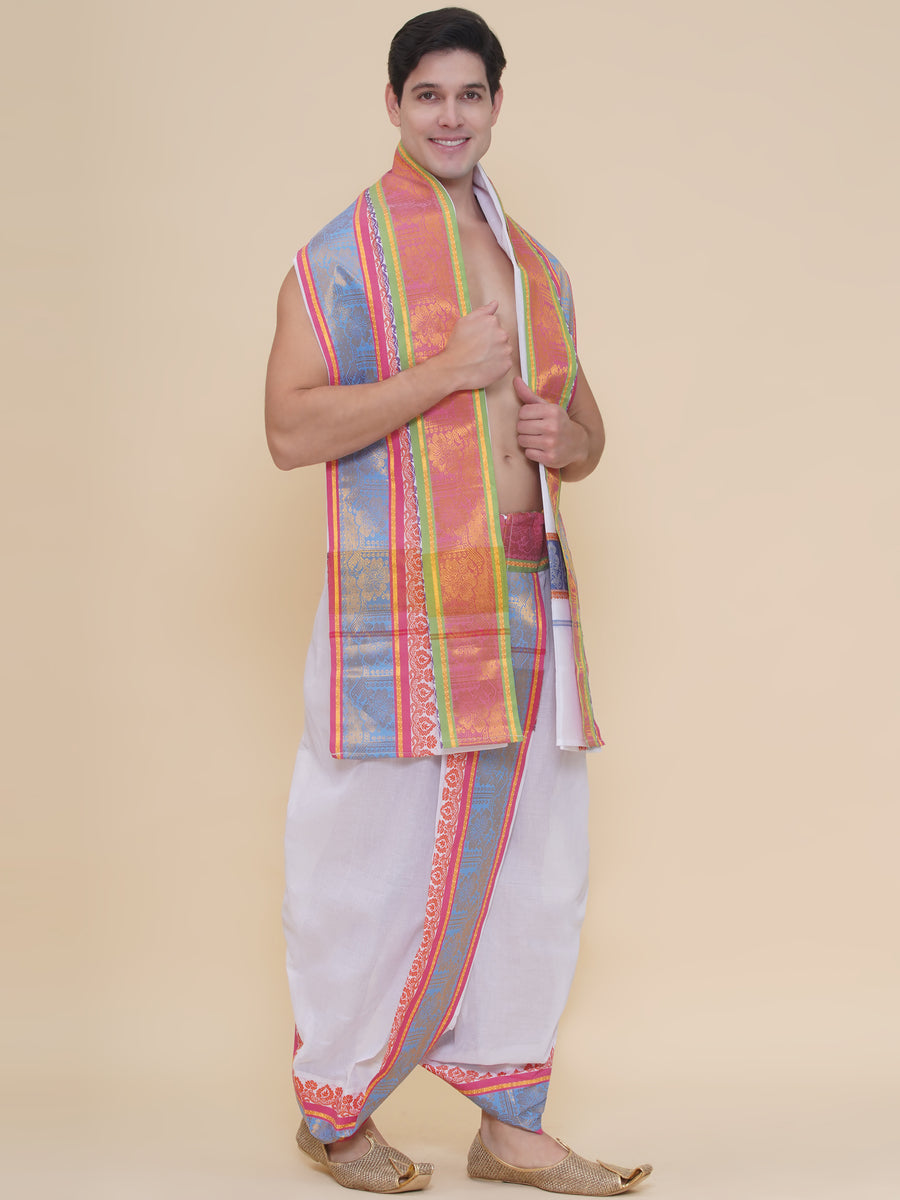 Men White Cotton self Design Jacquard Border DhotiPant And Angavastram Set