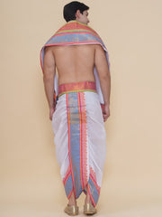 Men White Cotton self Design Jacquard Border DhotiPant And Angavastram Set