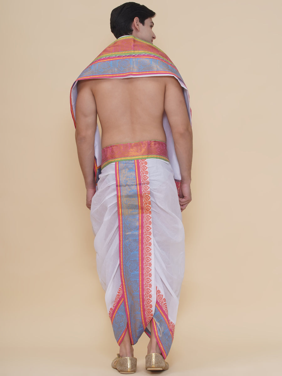 Men White Cotton self Design Jacquard Border DhotiPant And Angavastram Set