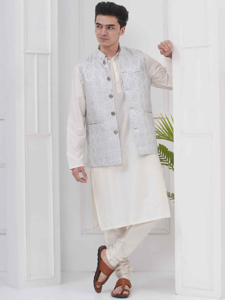Mens Readymade Silk Cotton Kurta Pyjama And Nehru Jacket.
