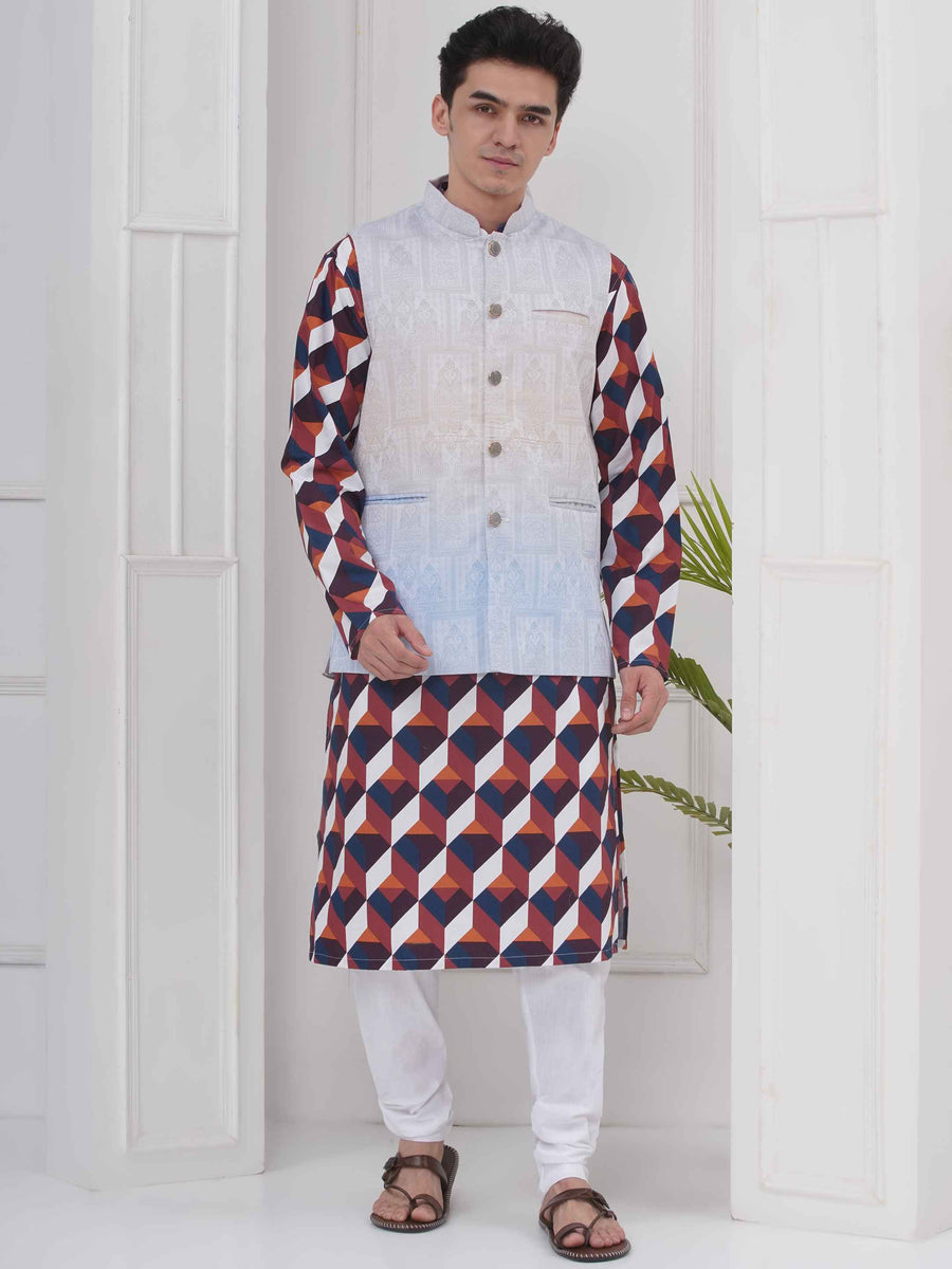 Mens Readymade Cotton Popline Print Kurta And Pyjama with Nehru Jacket