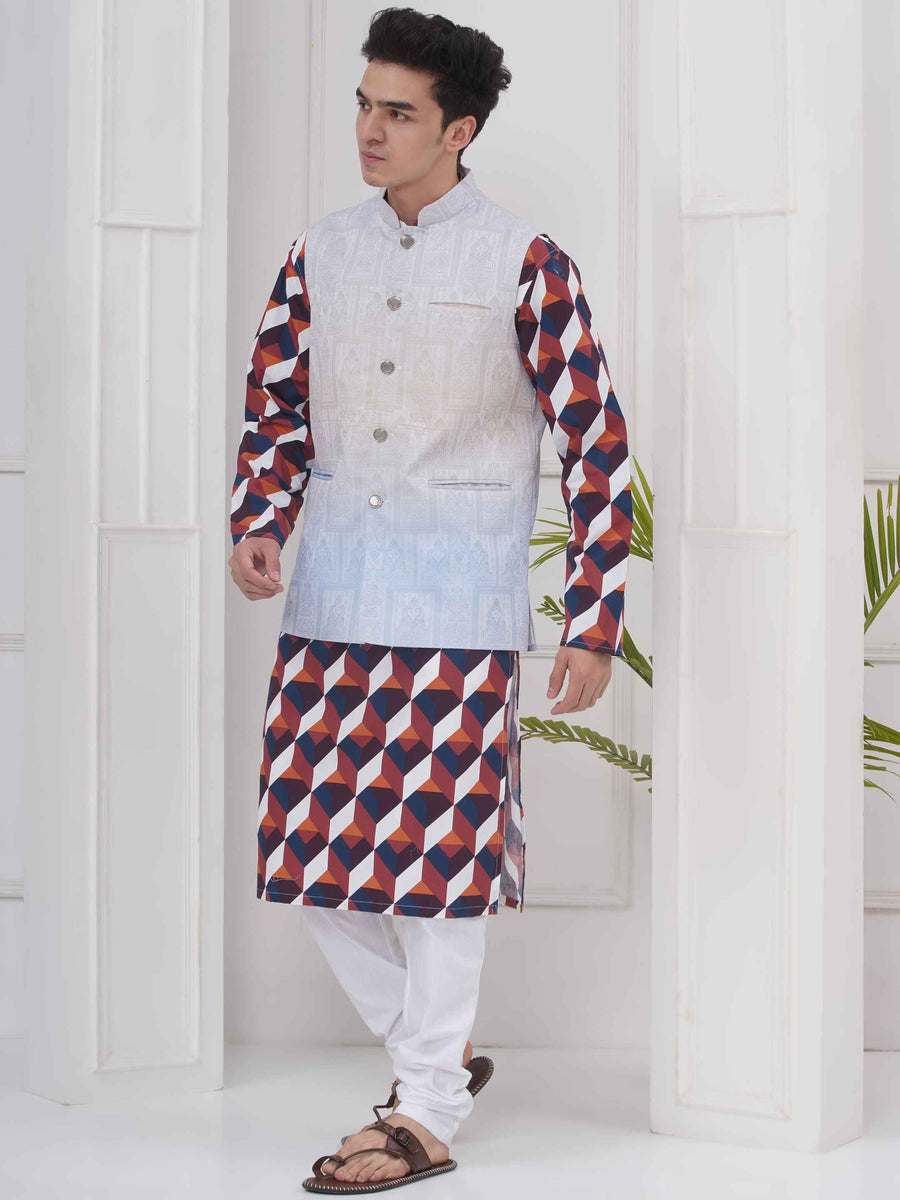 Mens Readymade Cotton Popline Print Kurta And Pyjama with Nehru Jacket