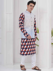 Mens Readymade Cotton Popline Print Kurta And Pyjama with Nehru Jacket