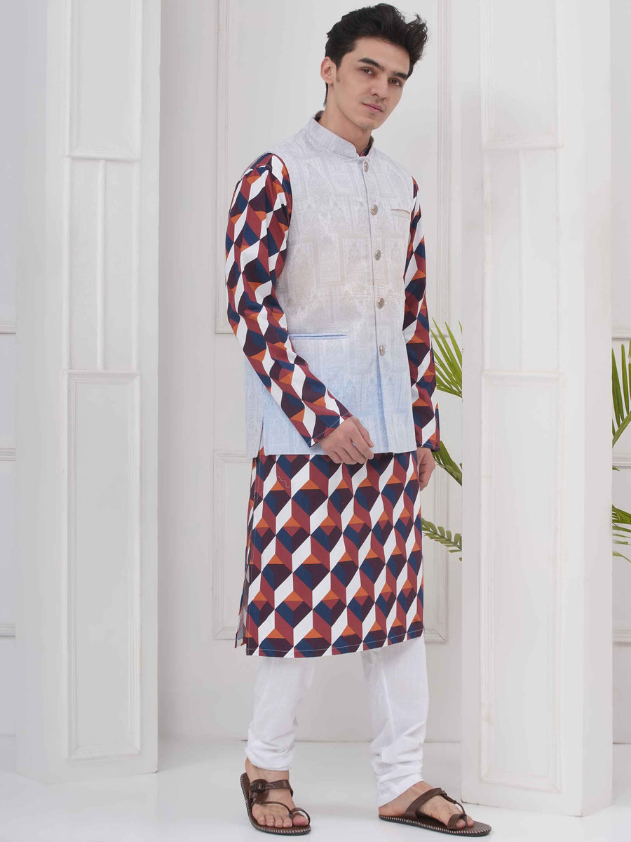 Mens Readymade Cotton Popline Print Kurta And Pyjama with Nehru Jacket