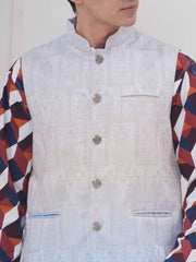 Mens Readymade Cotton Popline Print Kurta And Pyjama with Nehru Jacket