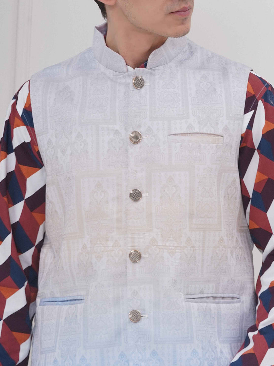 Mens Readymade Cotton Popline Print Kurta And Pyjama with Nehru Jacket