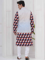 Mens Readymade Cotton Popline Print Kurta And Pyjama with Nehru Jacket